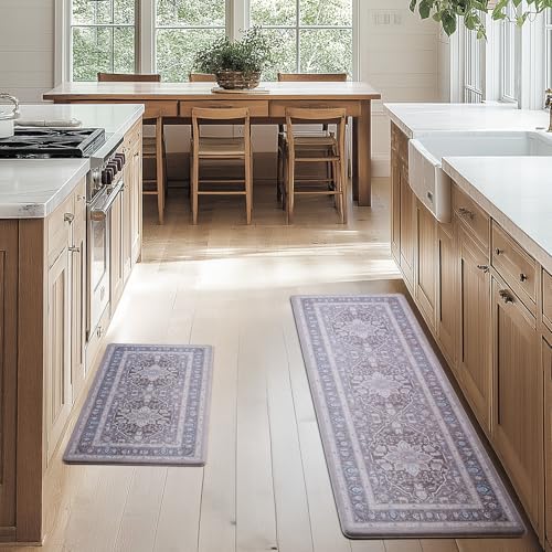 FRESHMINT Medallion Kitchen Mat Set 2 Piece, 17x30''+17x47'', Misty Gray - color: Misty Gray