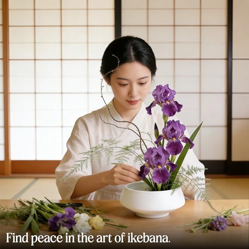 Ceramic Japanese Ikebana Vase Set with 2 inch Flower Frog Handmade Flower Pot Flower Arrangement Floral Art Supplies Flower Bowl Decorative Flower Vase - color: Small White