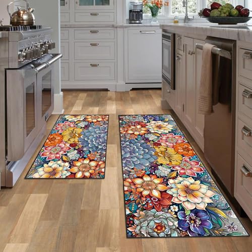 Kitchen Mats for Floor 2 Piece Set, Boho Floral Decor Kitchen Rugs, Non-Slip Absorbent Washable Floor Mats Home Indoor Runner Colorful Carpet 17x30+17x47 Inches - color: Boho Floral