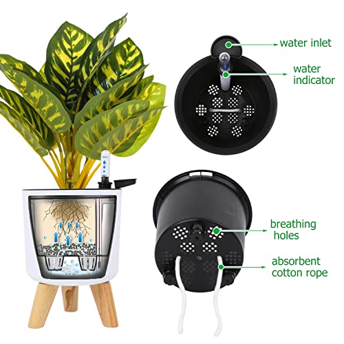 6.5" & 5.5" Self Watering Planters (2 Pack) for Indoor Plants with Water Indicator, White Modern Flower Pot with Wood Stand for Office Home Decor Garden (Small+Middle) - size: 2 Pack - Small+Middle