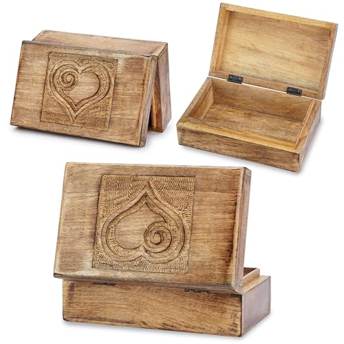 Ajuny Wooden Jewelry Box Heart Carved Keepsake Treasure Chest 8x5 Inch Case