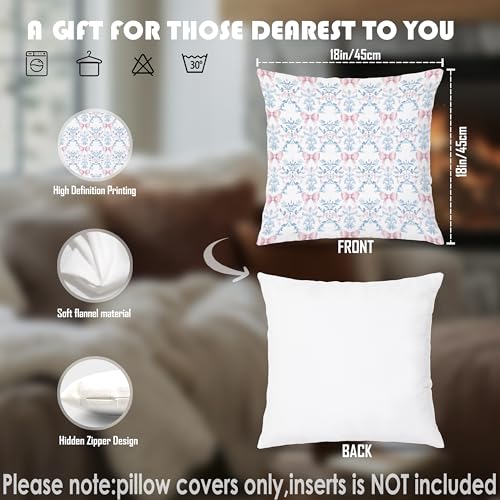 Coquette Pink Bow Blue Grandmillennial Floral Pillow Covers 18x18,Pink and Blue Room Decor,Cottage Core Grand Millenial Floral Grandmillennial Decor for Living Room Girls Bedroom Dorm Home - color: Pink Bow Blue, size: 18" x 18" (Pack of 1)