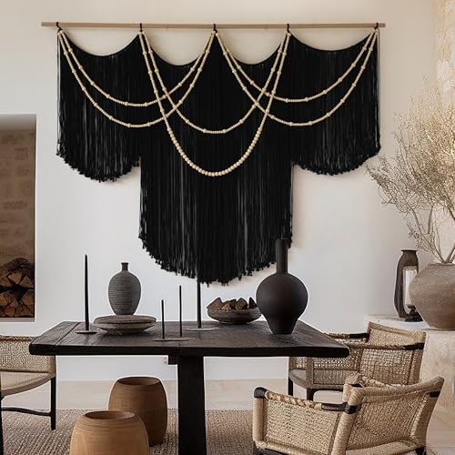 Macrame Wall Hanging Black Yarn Tapestry Boho Fiber Art Decor 57"W*43"L - color: Black1