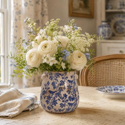 English Country Ceramic Planter, 6.7" Chinoiserie Vase & Utensil Holder - color: Blue