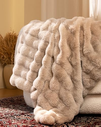 Ultra Soft Cozy Faux Fur Throw Blanket, Fuzzy Plush Thick Bubble Blanket, Oversize Luxury Fluffy Blanket for Couch, Sofa, Bedroom, and Living Room, 50x60 Inches, Light Brown - color: Bubble Light Brown, size: Throw(50" X 60")