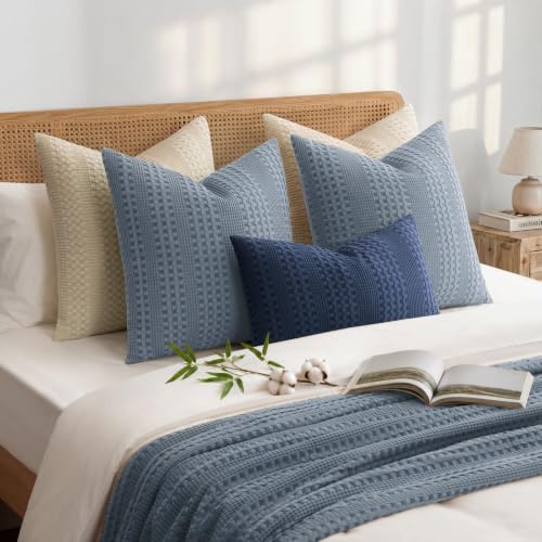 a moment 2 Pack Bamboo Fiber Pillow Covers - Waffle Weave, Ultra Soft & Breathable, Skin-Friendly Cotton Throw Pillow for Couch, Sofa, Bedroom Living Room 18x18 Inch Blue - color: Blue, size: 18" x 18" (Pack of 2)