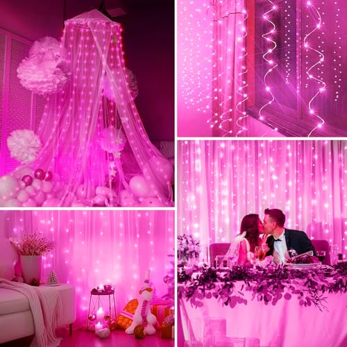 Minetom Curtain Lights, 300 LED Dimmable Twinkle Fairy Lights, 8 Modes - color: Pink, size: 1 Pack