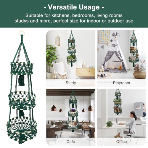 3 Tier Macrame Hanging Basket Hanging Fruit Basket for Kitchen - color: Dark Green