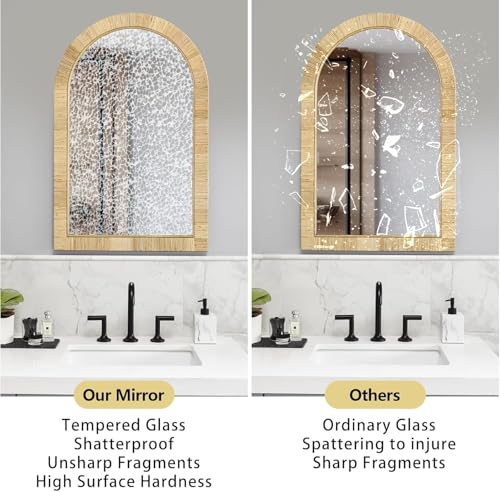 Decorative Rattan Wall Mirror, Boho Bathroom Modern Makeup Mirror, Rustic Wall Bohemia Mirrors for Bedroom, Living Room, Vanity Versatile Farmhouse, Nursery, Bathroom, 36"x24", Arched - color: Arched, size: 24"L x 36"W