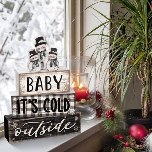 Yousoontic 4 Pcs Winter Snowman Plaid Figurines Set, Rustic Farmhouse Decor - style: Winter Snowman