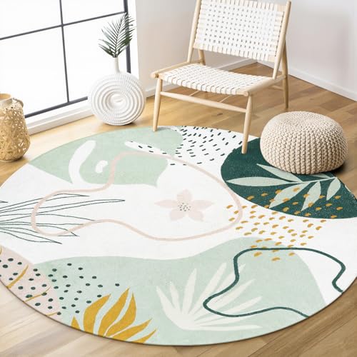 Lahome Boho Round Rugs - 4Ft Washable Non-Slip Small Round Area Rug Throw Soft Cute Round Nursery Rug Non-Shed Lightweight Bathroom Rug, Green Botanical Print Circle Rug for Bedroom Dorm Kids Room - color: Green, size: 4' (Round)