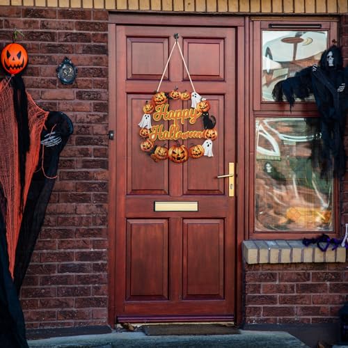 Wood Wreath for Front Door Porch Window Wall Hanging Decor (Halloween) - style: Halloween