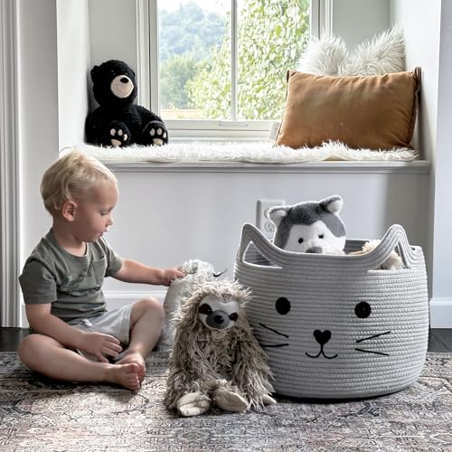 Large Woven Rope Cat Toy Basket with Cat Face Design, Grey - color: Gray, size: 15.7"W x 11.8"H