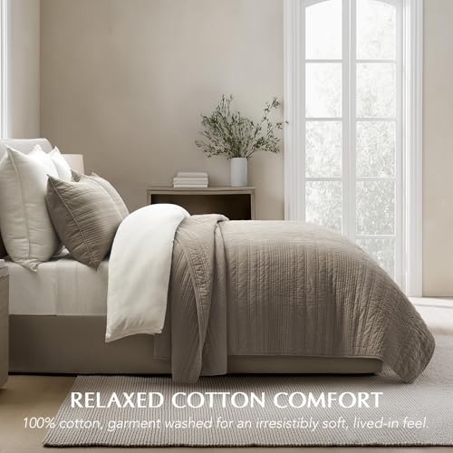 EVERGRACEHOME 100% Cotton Modern Lines Quilt Set Queen Size, Stone Taupe - color: Stone Taupe, size: Full/Queen (92" X 92")