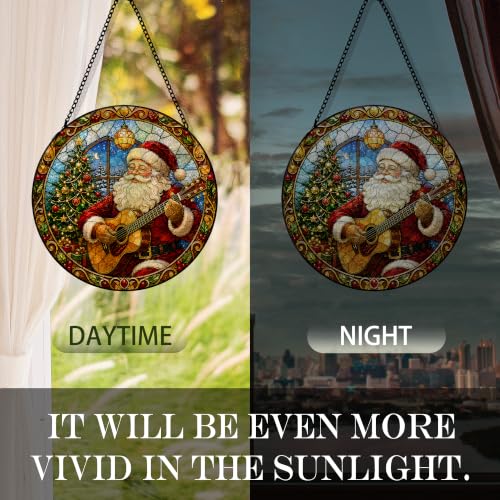 Christmas Music Suncatcher Stained Glass Window Hanging, Winter Santa Claus Play Guitar Xmas Sun Catchers Indoor Window Glass Round Wall Decor, Christmas Wall Art Hanging Decorations, 7.8x7.8in - color: Guitar