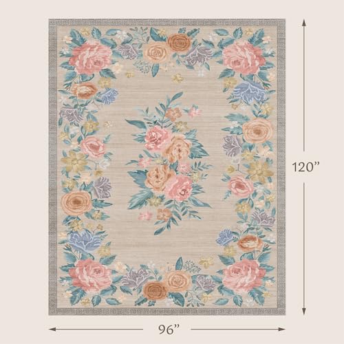 Beige Vintage Floral Area Rug 8x10, Washable Non Slip Soft Low Pile Living Room Rug, Rose Border Botanical Large Indoor Floor Carpet for Bedroom Dining Room Office, Cottagecore Stain Resistant Mat - color: Warm Beige, size: 8' x 10' (Rectangular)