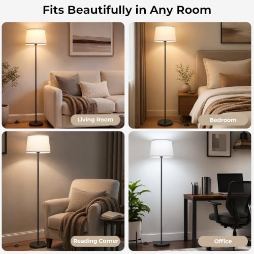 JUNNAI 61.8" Floor Lamp for Living Room, Modern Standing Lamp for Bedroom - color: Black+White Shade