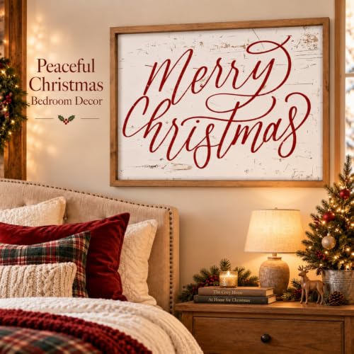 Merry Christmas Wall Decor Art, 23.6"×15.7" Large Wooden Sign - color: white-red