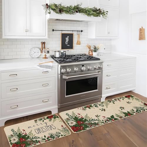 Baccessor Christmas Kitchen Rugs Set of 2, 17x29 and 17x47 Inch - color: Holly Berry