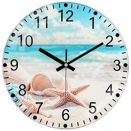 12 Inch Thick Glass Wall Clock - Wall Clocks Battery Operated with Unique Exclusive Beach Shell Design Silent Non Ticking Analog Clock for Bedroom, Living Room, Office, Classroom, Bathroom - color: Blue White, size: 12 Inch