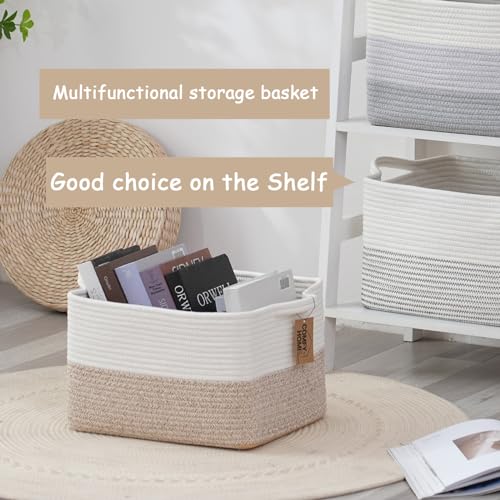 COMFY-HOMI Cotton Rope Woven Basket with Handles for Shelves,Toys,Book, Cloth Storage Baskets Bin for Organizing- 1 PCSToy Decorative Organizer for Living Room, Bathroom - color: WHT/brown, size: 13.5"X11"X9.5"