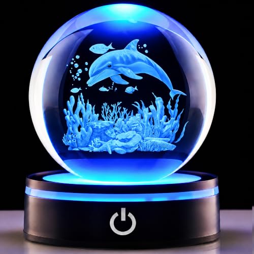 Dolphin Reef Crystal Ball Night Light, 3.15 Inch with LED Base - color: Ocean Dolphin