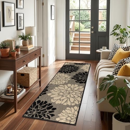 Findosom Kitchen Rugs Sets of 2, Floral Washable Kitchen Runner Rug, Black - color: Black/Beige, size: 24" x 36" + 24" x 71"