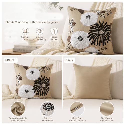 Couch Pillow Cover Throw Pillowcase Decorative European Floral Appliquéd Embroidery Cotton Satin 18X18" 1PC French County Black/White/Brown Blooming Flower Fall Farm House Festive Decor Garden Florist - color: Applique White/Black Floral, size: 18" x 18"