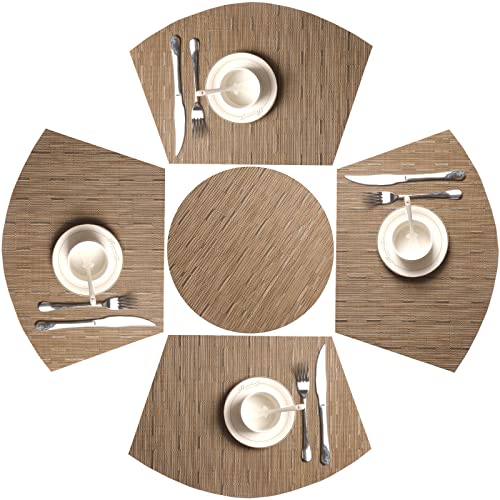 SHACOS Small Round Table Placemats Set of 5 Woven Vinyl Wedge Placemats with Centerpiece Round Table Mats Heat Resistant Wipe Clean (5, Tan) - color: Tan