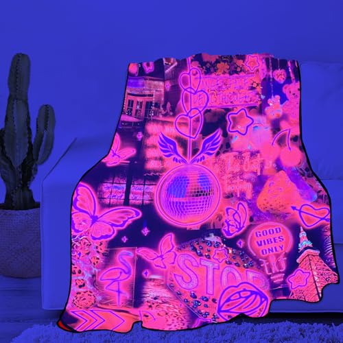 Blacklight Pink Collage Throw Blankets UV Reactive Aesthetic Throw Blanket Glow in the Dark Under Black Lights Game Room Decor Soft Throw Gifts 59x51 Inches - color: Bl Pink Collage