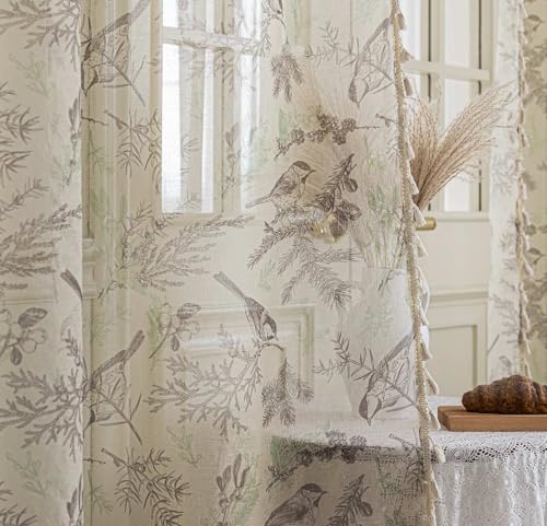 Birds Sheer Curtains 54 inch Long, Fringed Edges and Textured Semi Sheer Curtains Large Window Treatments for Living Room/Bedroom, 2 Panels - color: Birds, size: 52"W x 54"L (Pack of 2)