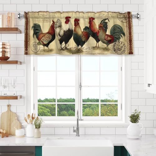 Worltoldb Vitange Chicken Curtain Valance Short Rod Pocket Window Treatment for Living Room Bedroom Kitchen Bathroom 1 Panel 54" W x 18" L - color: Vitange Chicken
