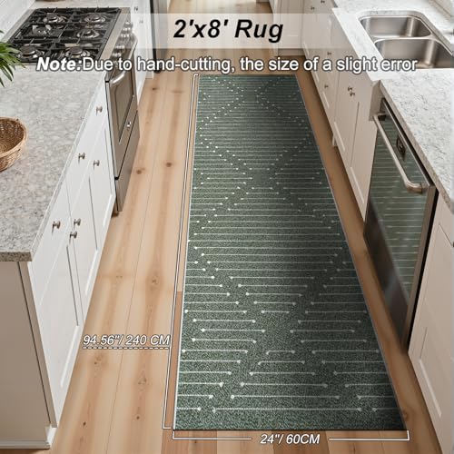 LIVEBOX Green Runner Rug for Kitchen 2x8, Boho Washable Runner for Hallway, Moroccan Cotton Long Entryway Area Rug Indoor Carpet for Bedroom Laundry Doorway Entry(Green & White) - color: Dark Green & White, size: 2' x 8' (Runner)