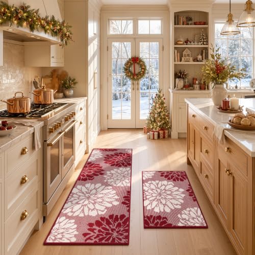 Findosom Christmas Kitchen Rugs Sets of 2, Floral Washable Kitchen Runner - color: Red, size: 24" x 36" + 24" x 71"
