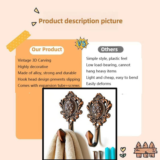2Pc Curtain Tiebacks Hooks Vintage Red Copper Rose Pattern Carved Wall Hook - color: Red Copper