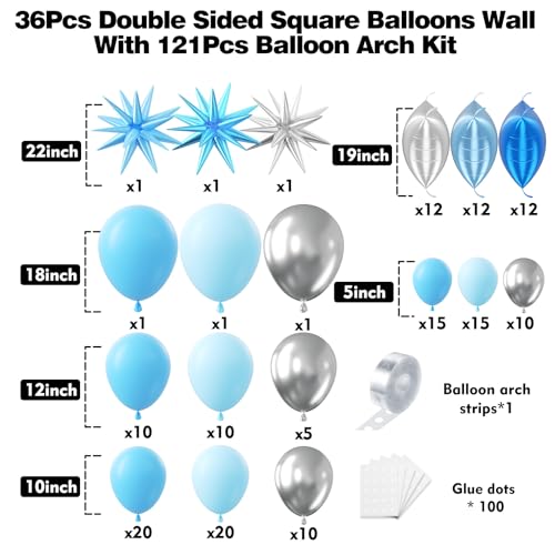 36pcs Blue and Silver Square Foil Balloons Wall Backdrop with 121pcs Balloon Garland Arch Kit, Double Sided Balloons for Birthday Bridal Shower Anniversary New Year Graduation Party Decorations - color: Blue and Silver