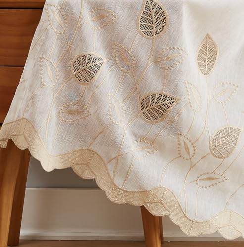 LinenZone 54x96 Linen Color Embroidered Leaf Curtains. (Emma 54x96, Linen) - color: Linen, size: 54"W x 96"L (Pack of 2)