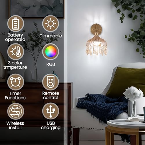 Vintage Battery Operated Set of Two,Wireless Wall Sconces Dimmable Rechargeable Battery, 12 Colors RGB Lamp with Remote for Dining Room Hallway Living Room - color: Amber Crystal-2pack