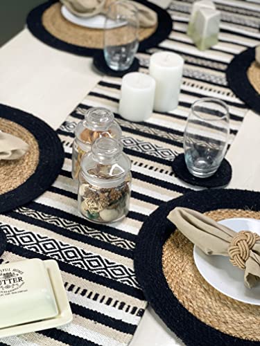 CHARDIN HOME Black, Cream, White Boho Table Runner | Cotton Farmhouse Table Linen 13x90 Inches| Machine Washable, Durable and Easy to Combine - color: Ivory-black, size: 13x90 Inch.