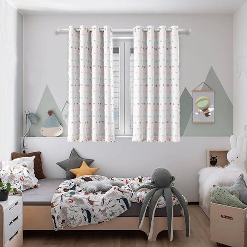 MYSKY HOME Cute Blackout Curtains for Kids Bedroom Nursery Curtains 100% Light Block Doubled Curtains with Rainbow Pom Pom Sheer Window Drapes Room Darkening Grommet Set of 2, 50 x 63 in - color: Rainbow Pom Pom, size: 50"W x 63"L (Pack of 2)