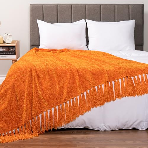 PAVILIA Chenille Throw Blanket, Knit Twin Size Tassel Throw, Orange 60x80 - color: Orange, size: 60 X 80 Inches - Twin