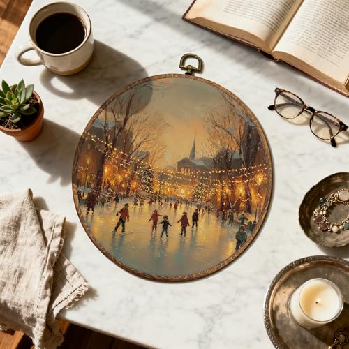 DOFQZ Winter Ice Skating Round Wall Art Decor, Cozy Christmas Skating Scene Framed Wall Art, Vintage Charming Xmas Holiday Canvas Wall Hanging Decor for Home Bedroom Living Room, 10x10 - color: 10Child