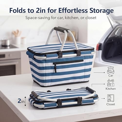 SIYUAN Picnic Basket with Handles 30L Large Stripped Insulated Cooler Leakproof Grocery Shopping Market Tote for Family Blue White - color: Blue White