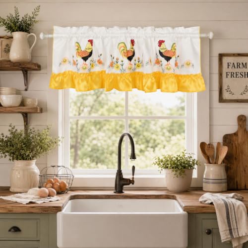 Molaxhome Beautiful Dazzling Embroidered Window Valance for Kitchen Decor - color: Yellow Cock, size: 58"W x 14"L (Pack of 1)