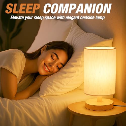 Desk Lamp LED Bulb Included, Small Bedside Table Lamp Plug-in - Classic Wood Base with Flaxen Fabric Shade, Lamps for Night Stands, Simple Nightstand Light for Bedroom, Office, Desk - color: Flax White