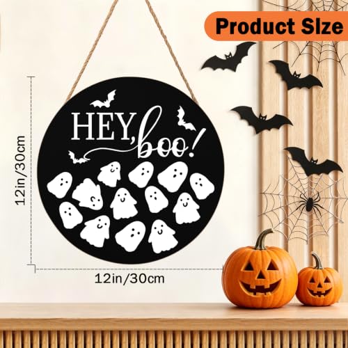 Hey Boo Sign 12x12 Inch Halloween Wreaths for Front Door Halloween Ghost Wood Door Hanger Black Boo Sign Farmhouse Holiday Decorations Wall Hanging Plaque for Trick or Treat Party Inside Outside - color: Halloween Ghost - Hey Boo