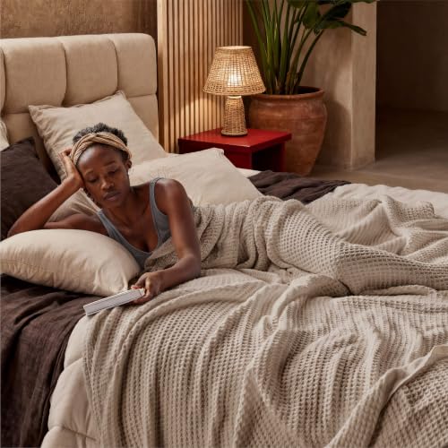 Bedsure 100% Cotton Blanket, Waffle Weave, Queen Size, Khaki Brown, 90"x90" - color: 03 Khaki Brown, size: Queen (90" X 90")