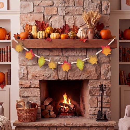 Qunclay 5.1ft Fall Wooden Leaves Garland with Bead Maple Leaves Banner