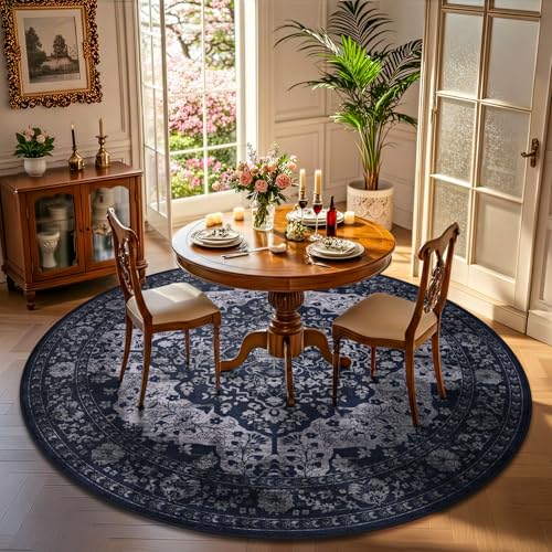 nesrt Boho Round Rugs 8ft for Living Room, Vintage Non-Slip Washable Circle Bedroom Rug, Soft Faux Wool Thin Printed Floor Carpets for Kids Nursery Dining Room Farmhouse Home Office (Blue) - color: Blue, size: 8' (Round)