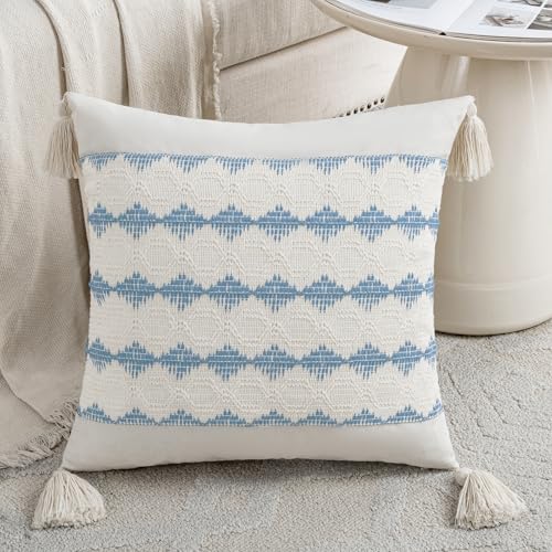 Fancy Homi Set of 2 Boho Light Blue Decorative Throw Pillow Cover 18x18 Inch for Couch Bed Sofa, Aesthetic Farmhouse Home Decor, Soft Cotton Cute Accent Macrame Woven Cushion Case with Tassels - color: Light Blue, size: 18" x 18" (Pack of 2)